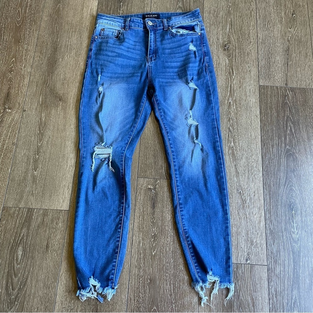 Enjean Denim Co High Rise Distressed Ripped Skinny Stretch Jeans Sz 11